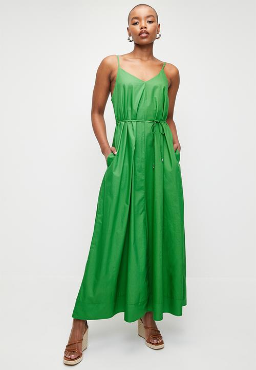 edit - Self belted volume trapeze maxi dress - green