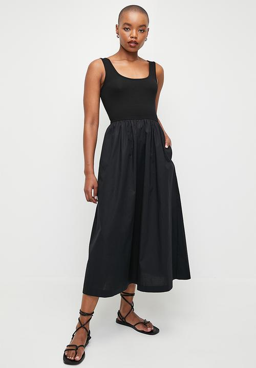 Sleeveless combo fit & flare midi dress - black
