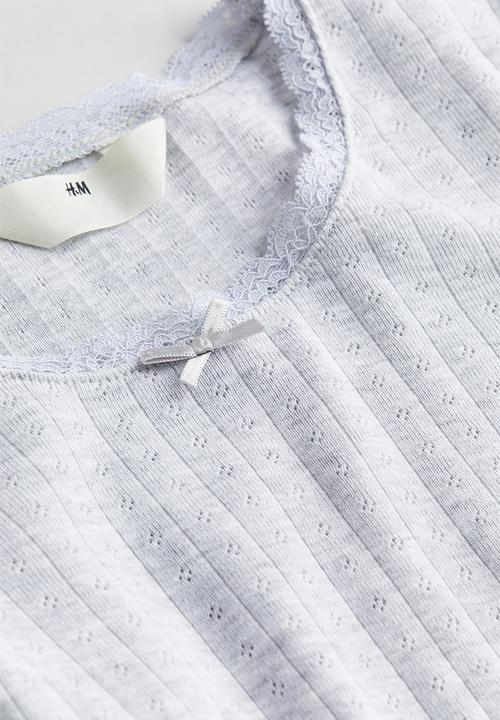 H&M - Lace-trimmed pointelle jersey top - light grey marl