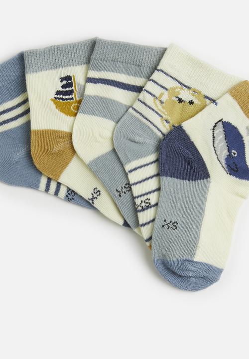 Pop Candy - 5 Piece printed sock set-blue & mustard