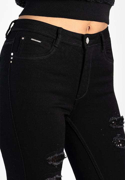 SISSY BOY - Sinclair: Mid-Waist Skinny With Rip And Repair With Sequin - Black