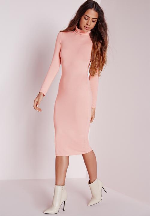 Long sleeve roll neck jersey midi dress  nude