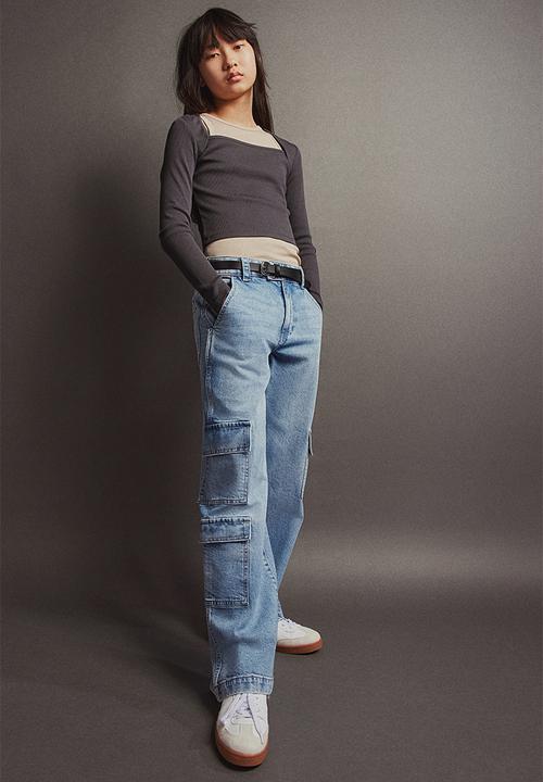 H&M - Loose fit wide leg cargo jeans - denim blue