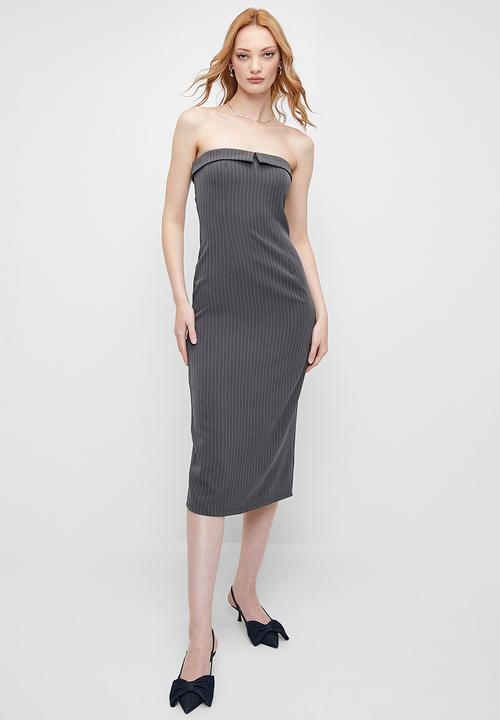 Superbalist - Pinstripe Bandeau Midi Dress - Grey & White