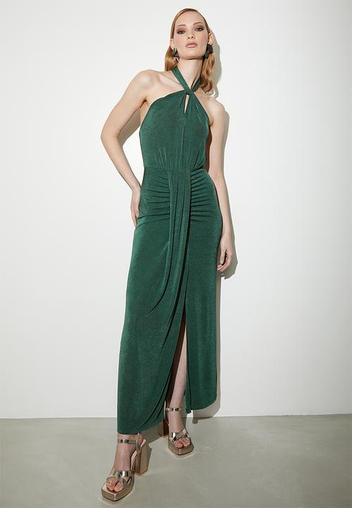 VELVET - Halter drape front knit maxi - green
