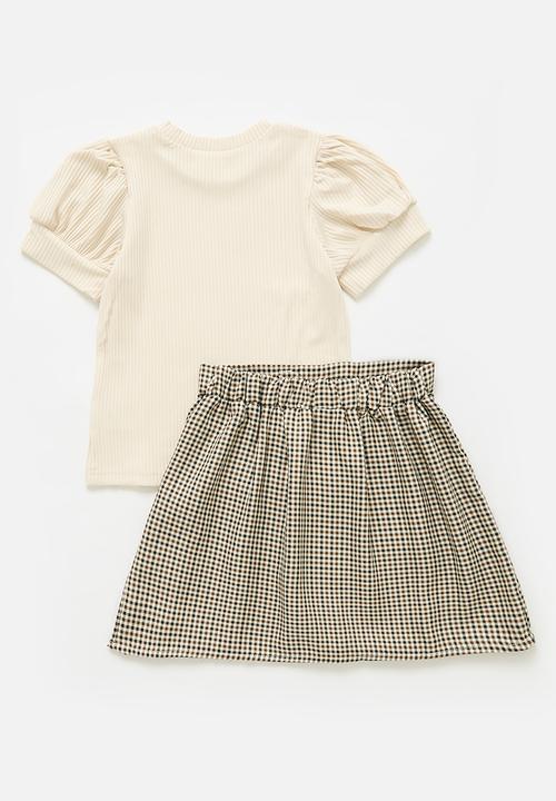 Pop Candy - Puff sleeve top and check skirt set - ecru & brown