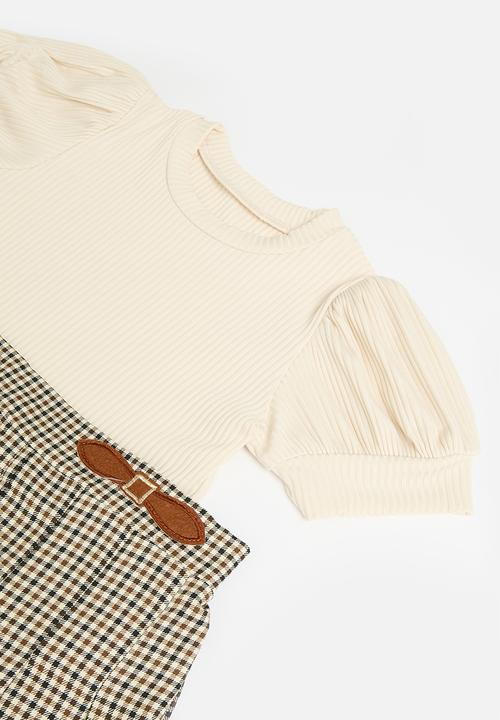 Pop Candy - Puff sleeve top and check skirt set - ecru & brown