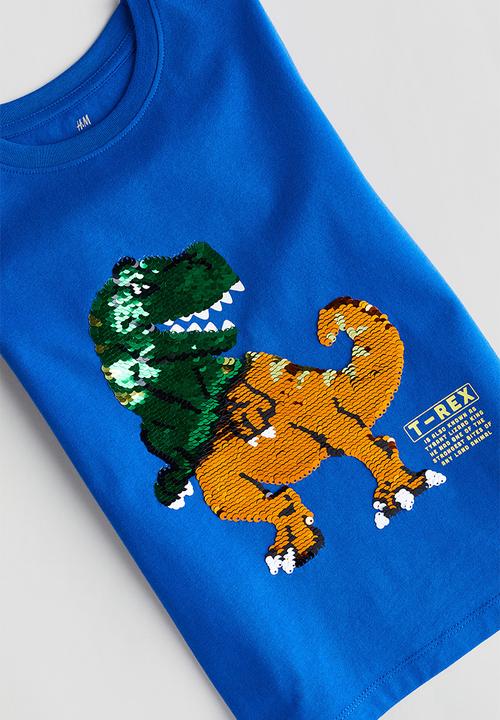 H&M - Reversible-sequin t-shirt - bright blue dinosaur