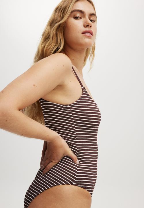 Cotton On - Thin Strap Low Scoop One Piece Cheeky - Multi Stripe Terry