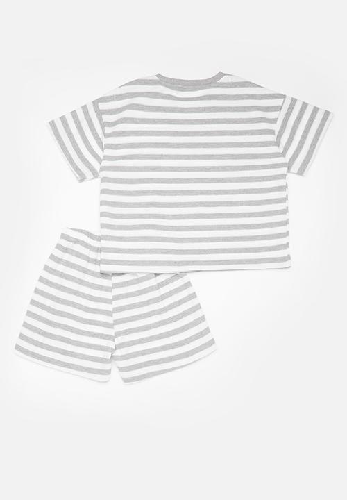 Pop Candy - Striped tee and short set-grey & white