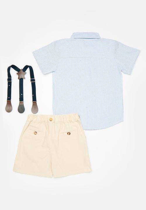 Pop Candy - Suspender short & shirt set - white & beige