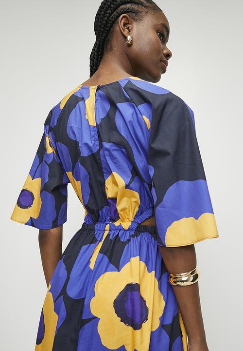Side cut out midi fit & flare dress - blue and orange floral print