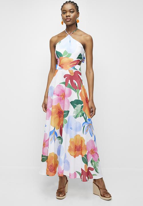 linen look halter maxi fit & flare dress - simplified floral brights