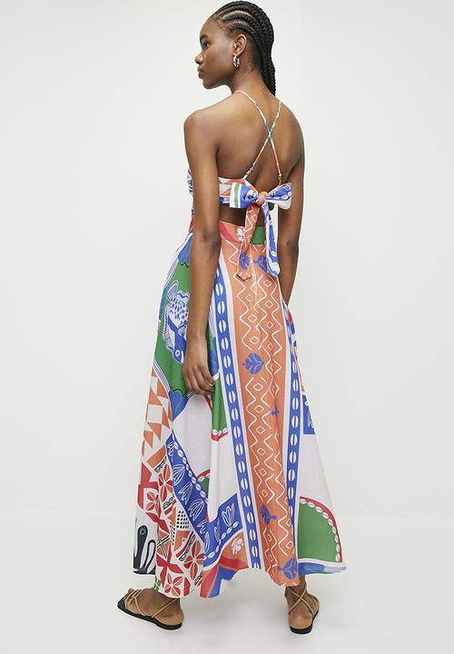 Superbalist - Linen look halter maxi fit & flare dress -vacation patchwork
