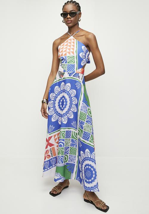 Superbalist - Linen look halter maxi fit & flare dress -vacation patchwork