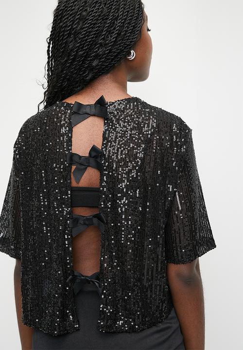 MILLA - Sequin T-shirt top-back bow - black