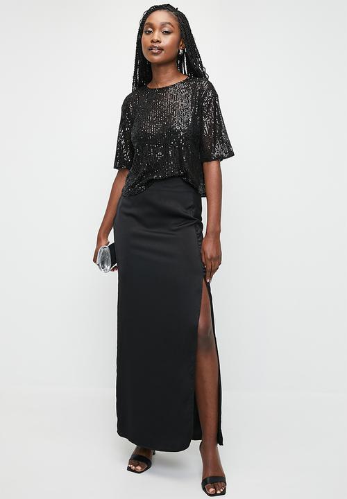 MILLA - Sequin T-shirt top-back bow - black