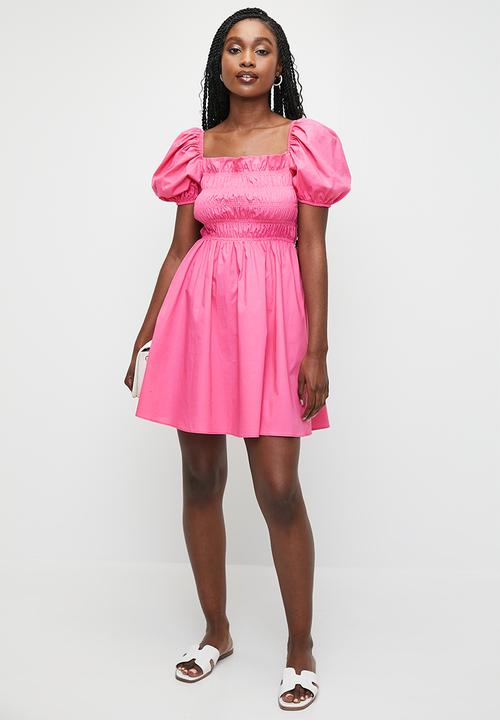 Shirred mini fit & flare dress - pink