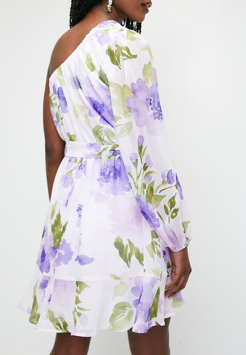 MILLA - Asymmetrical soft waisted mini dress - garden party lilac floral