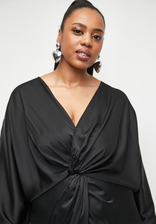 VELVET - Plus satin knot front midi dress - black.