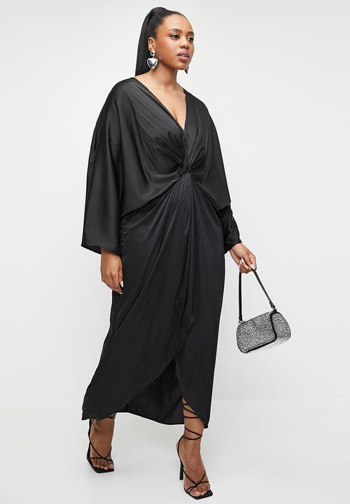 VELVET - Plus satin knot front midi dress - black.
