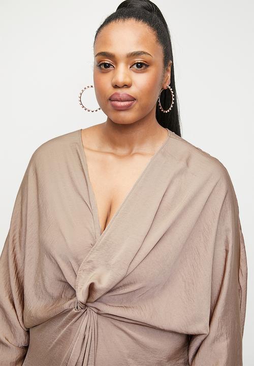 VELVET - Plus satin knot front midi dress - taupe