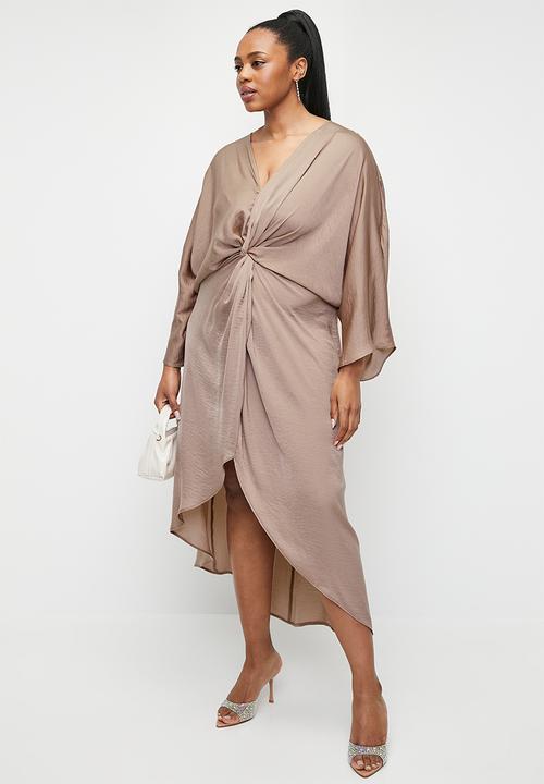 VELVET - Plus satin knot front midi dress - taupe