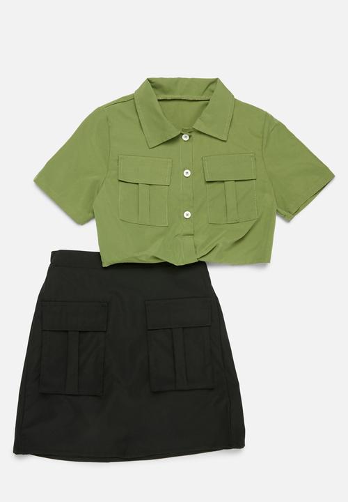 Pop Candy - Cropped shirt and skirt set-green & black