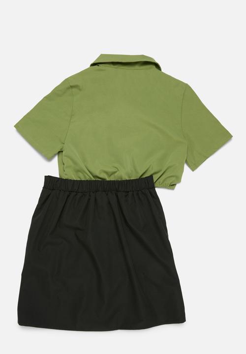 Pop Candy - Cropped shirt and skirt set-green & black