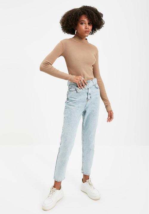 Trendyol - Fitted/Situated Collar Long Sleeve Ribbed Stretch Knit Blouse - Mink