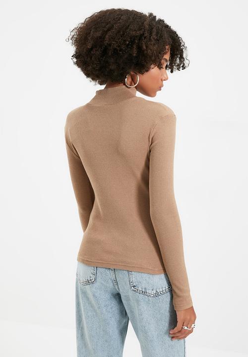 Trendyol - Fitted/Situated Collar Long Sleeve Ribbed Stretch Knit Blouse - Mink