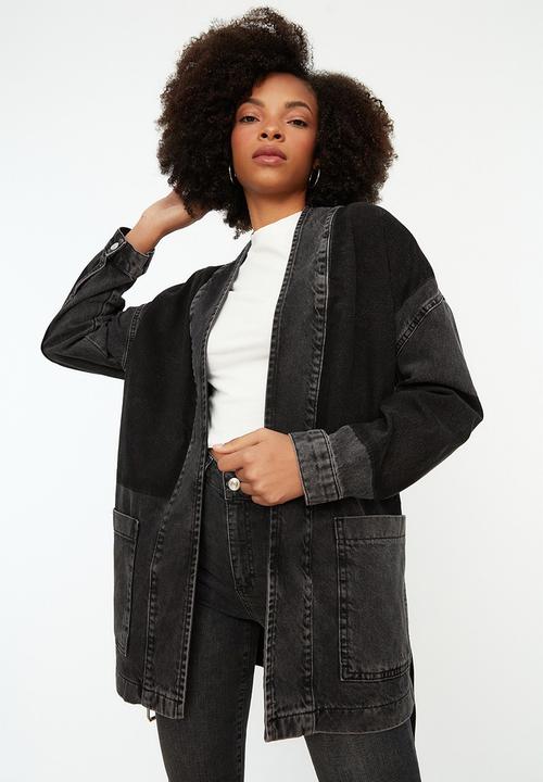 Trendyol - Color Block Oversized Denim Jacket With A Belt - Anthracite