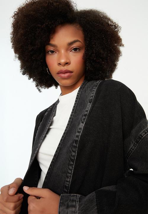 Trendyol - Color Block Oversized Denim Jacket With A Belt - Anthracite