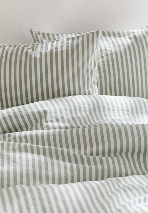 H&M - Cotton double/king duvet cover set - Light khaki green White