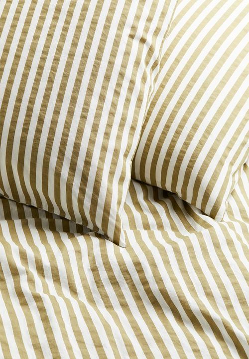 H&M - Cotton double/king duvet cover set - Light khaki green Striped