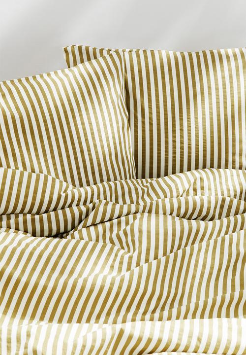 H&M - Cotton double/king duvet cover set - Light khaki green Striped