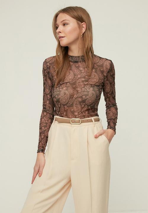 Trendyol - Paisley pattern fitted/sleeper-collar tulle stretch blouse - multi