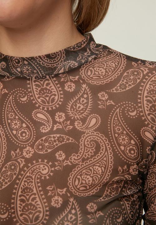 Trendyol - Paisley pattern fitted/sleeper-collar tulle stretch blouse - multi