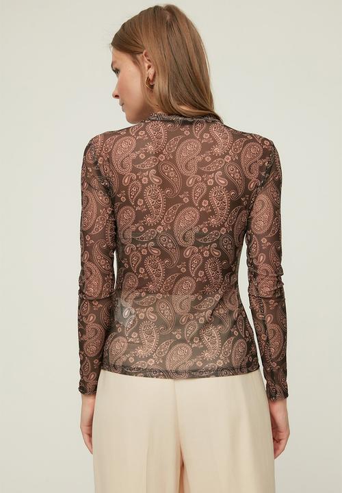 Trendyol - Paisley pattern fitted/sleeper-collar tulle stretch blouse - multi