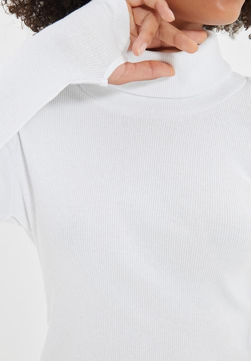 Trendyol - Fitted crop turtleneck finger detailed ribbed stretchy blouse - white