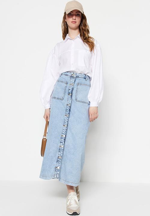 Trendyol - Double Pocket High Waist Denim Jeans Skirt - Light Blue