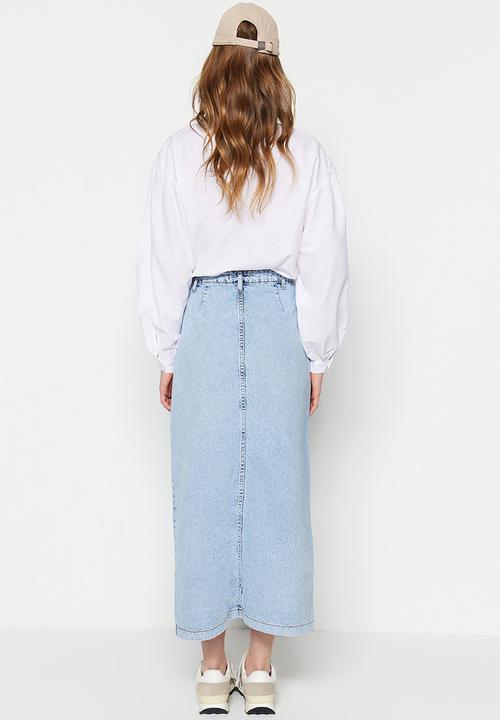 Trendyol - Double Pocket High Waist Denim Jeans Skirt - Light Blue