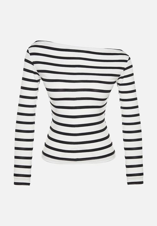 Trendyol - Striped premium soft fabric fitted boat collar blouse - black & white