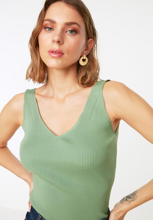 Trendyol - Strap v-neck knitwear blouse - mint
