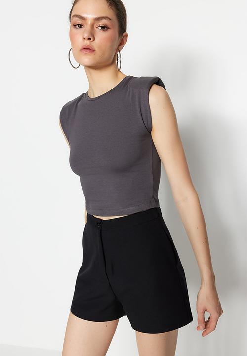Trendyol - Padded fitted/situated crew neck crop knitted top - anthracite