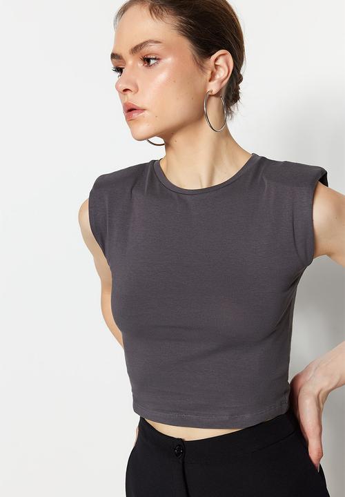 Trendyol - Padded fitted/situated crew neck crop knitted top - anthracite
