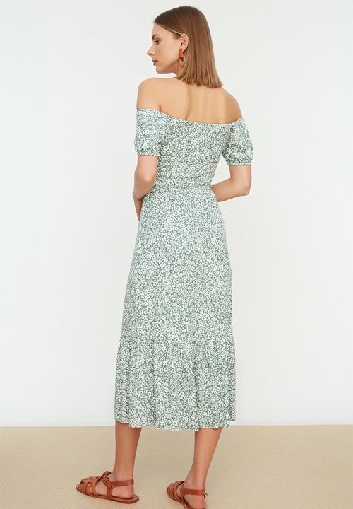Trendyol - Carmen Collar Printed Ribbed Knitted Dress - Mint