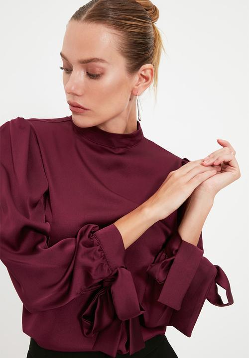 Trendyol - Tie Detailed Satin Woven Blouse - Plum
