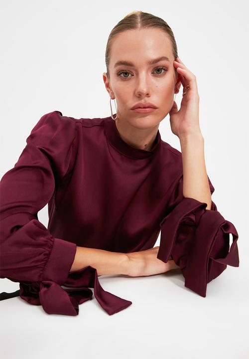 Trendyol - Tie Detailed Satin Woven Blouse - Plum