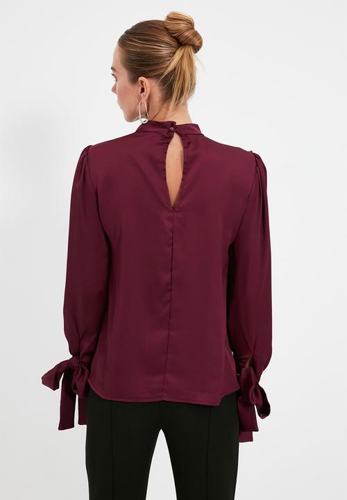 Trendyol - Tie Detailed Satin Woven Blouse - Plum